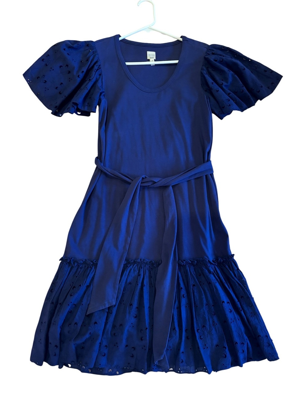 Rebecca Taylor Navy Eyelet Puff-Sleeve Dress with Tie Waist